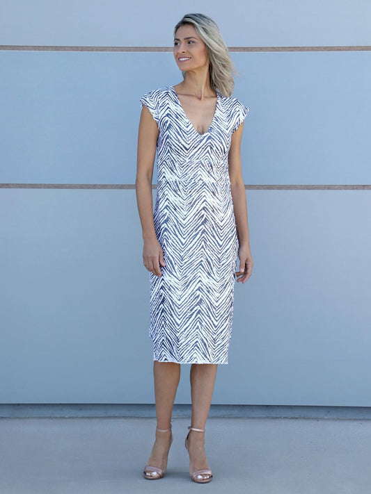 VVC TM zebra sheath dress front view in dove gray and white matte sequins, available at THE VVC SHOP SITIA Black Friday sale.