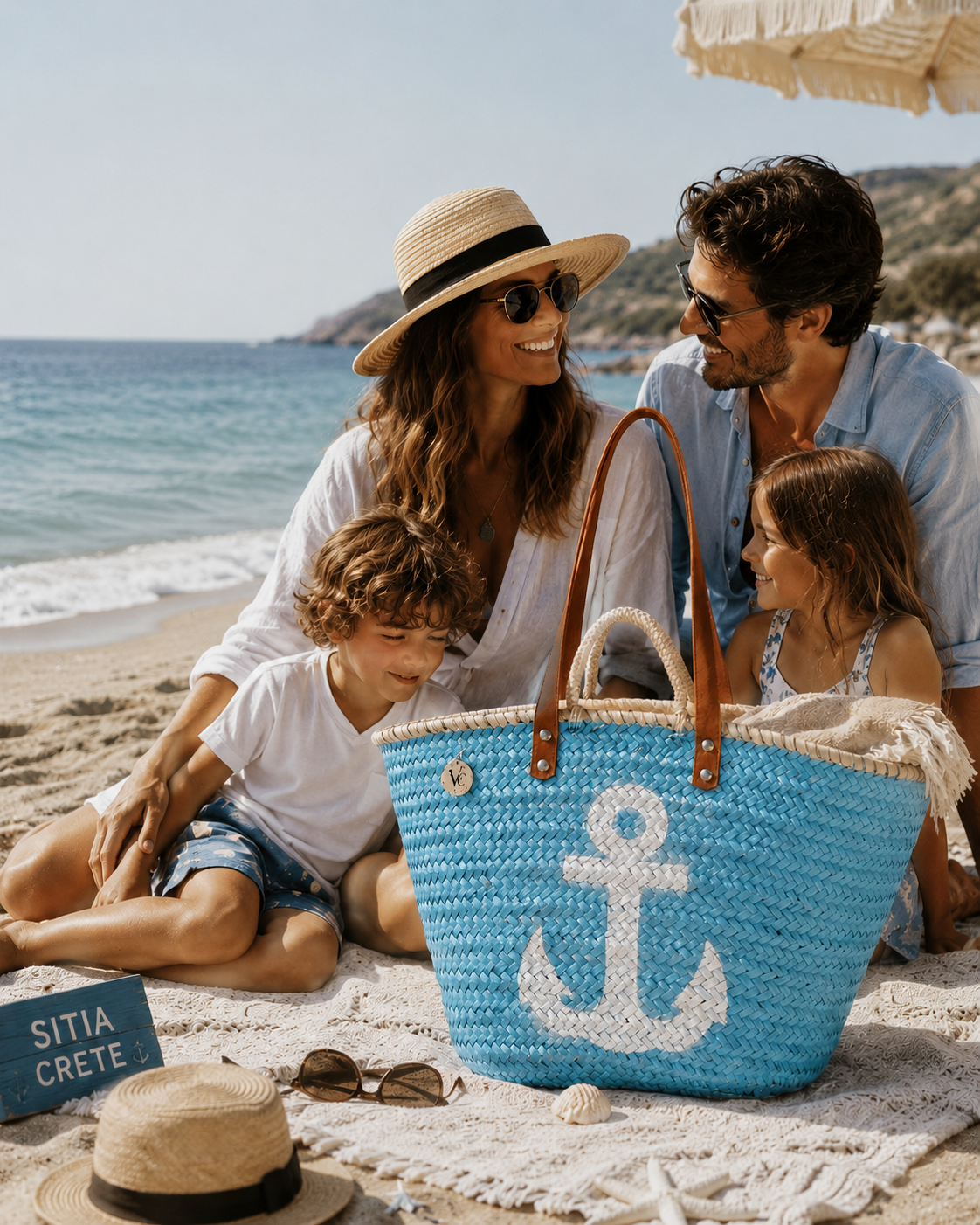 Family enjoying a beach day in Crete with a handmade VVC™ anchor basket. Versatile beach bag, shopping tote and holiday carry-all for summer adventures.