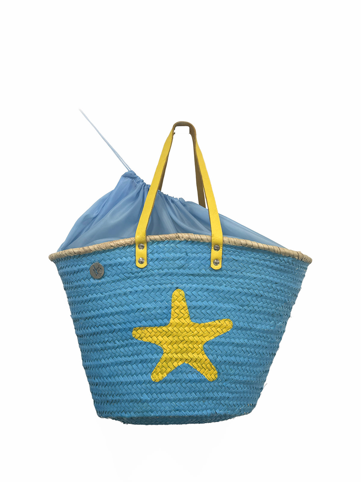 Blue woven bag with a yellow star design on a white background