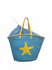 Blue woven bag with a yellow star design on a white background