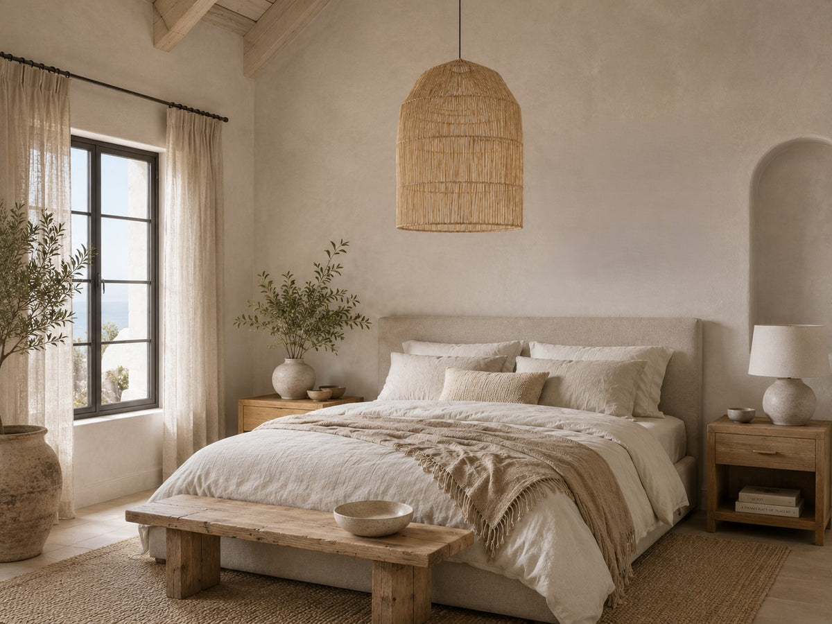 Inside view of the VVC XXL natural bast-fibre pendant lampshade showing a bedroom  style.