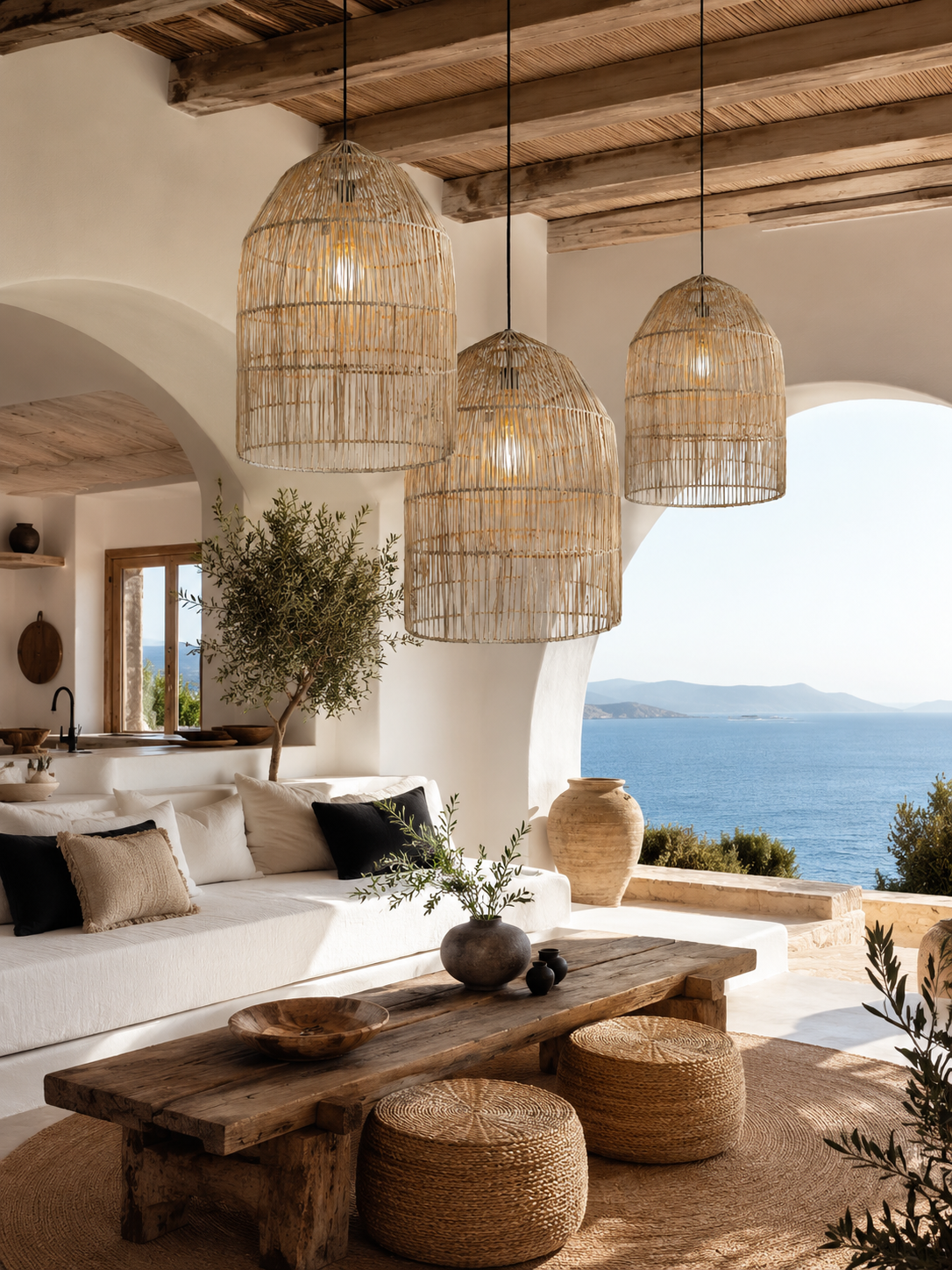 Three XXL natural raffia pendant lampshades in a bright Greek island living room with sea views, styled for VVC Shop Sitia.