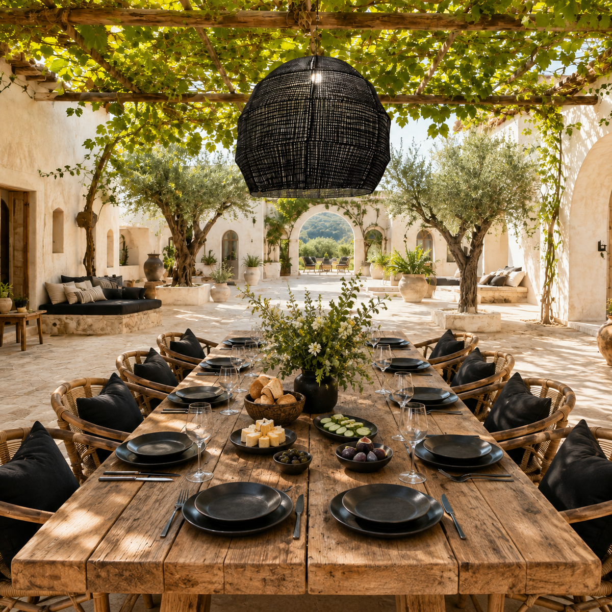 XXXL black handmade bast-fibre pendant lampshade casting romantic woven light shadows in a high-ceiling minimalist Greek island living room in Crete.