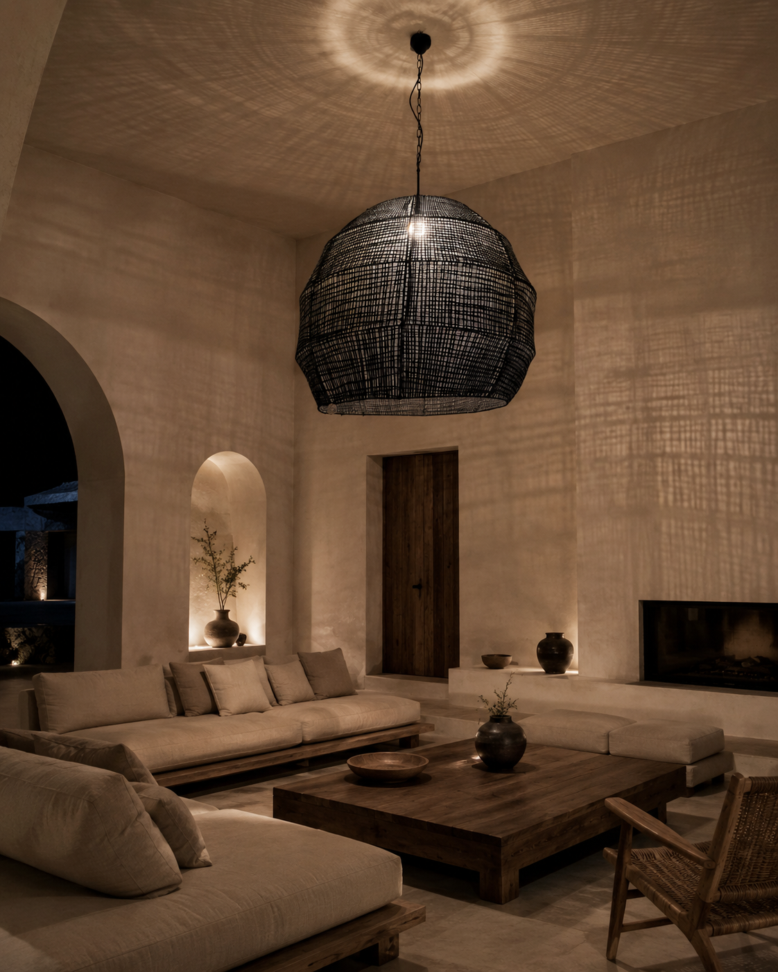 XXXL black handmade bast-fibre pendant lampshade creating romantic woven light shadows in a high-ceiling minimalist Greek island living room in Crete.