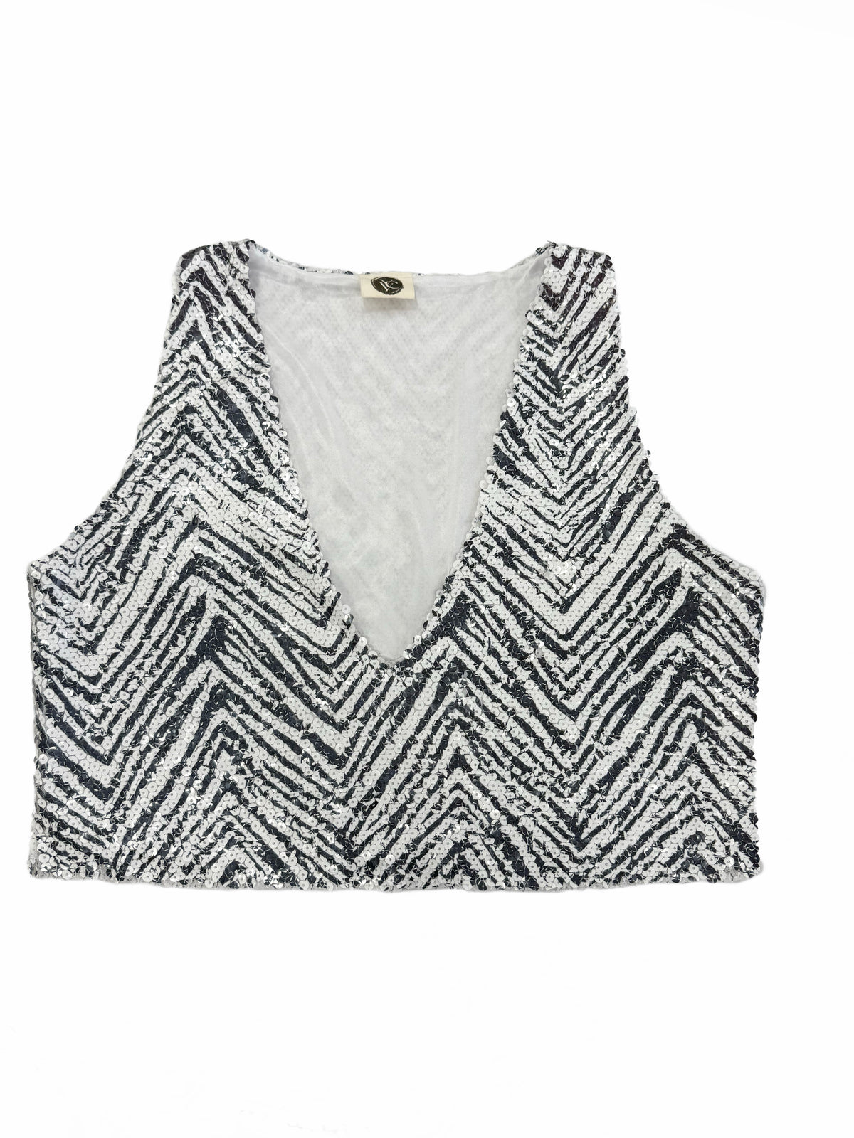 VVC zebra crop top in gray and white matte sequins with deep V-neck front view for party, festival and resort styling