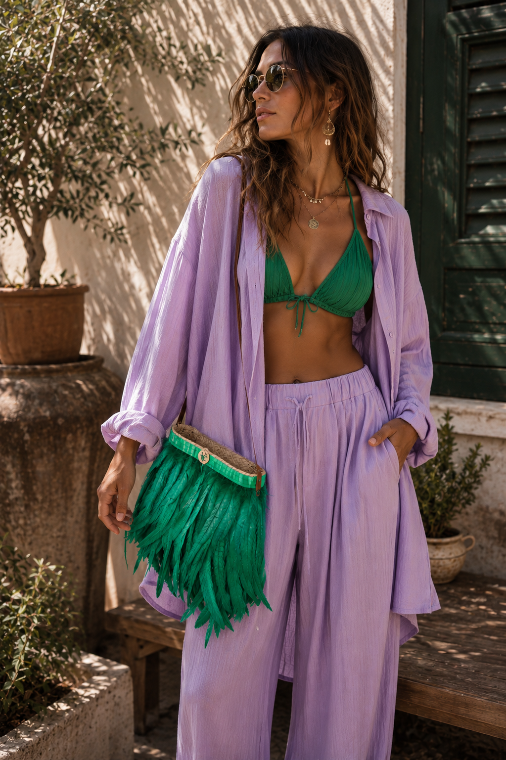 VVC™ handmade green feather raffia shoulder bag styled with a lavender boho outfit in Sitia, Crete, showcasing luxury Greek island fashion for summer 2026.
