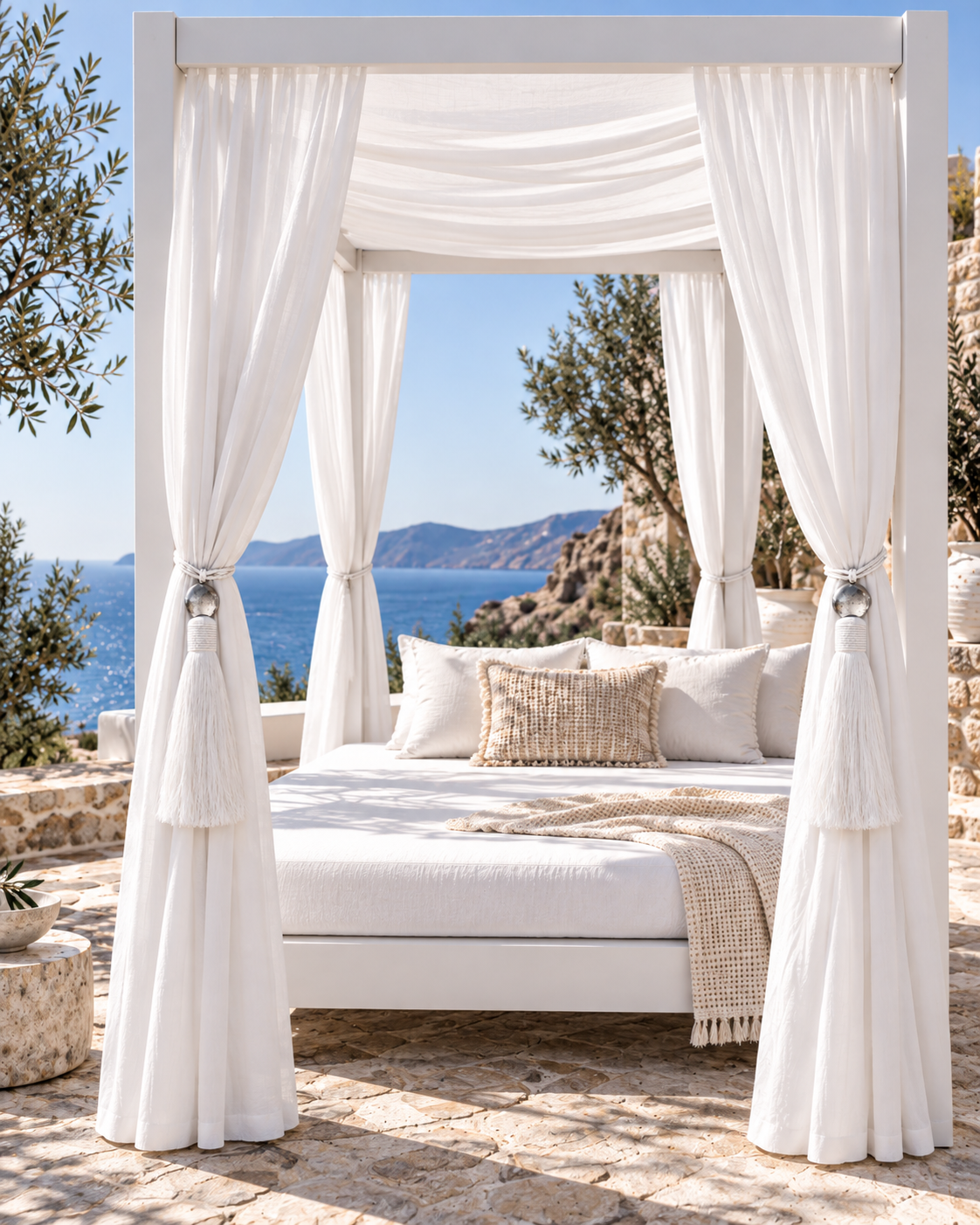 White curtain tassel tieback with aluminium disc and silky satin fringes styled on a dark curtain in a warm Mediterranean interior.