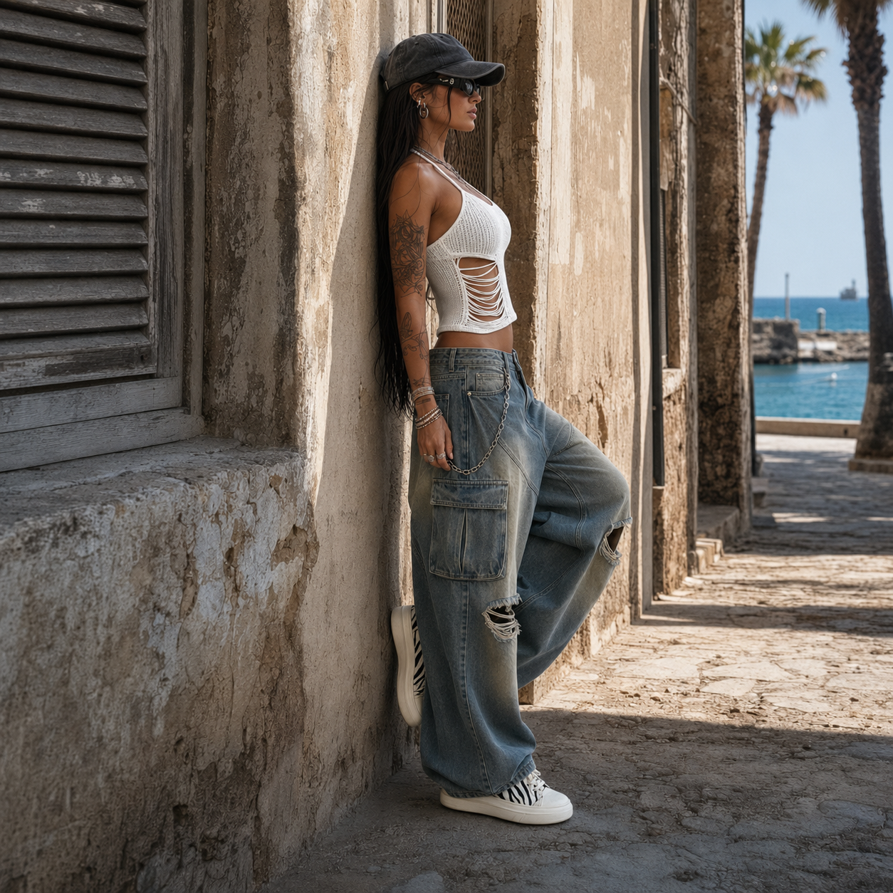 Side view of a tattooed model wearing a white ladder cut-out knit top with oversized cargo jeans in Sitia, Crete, for VVC Shop.