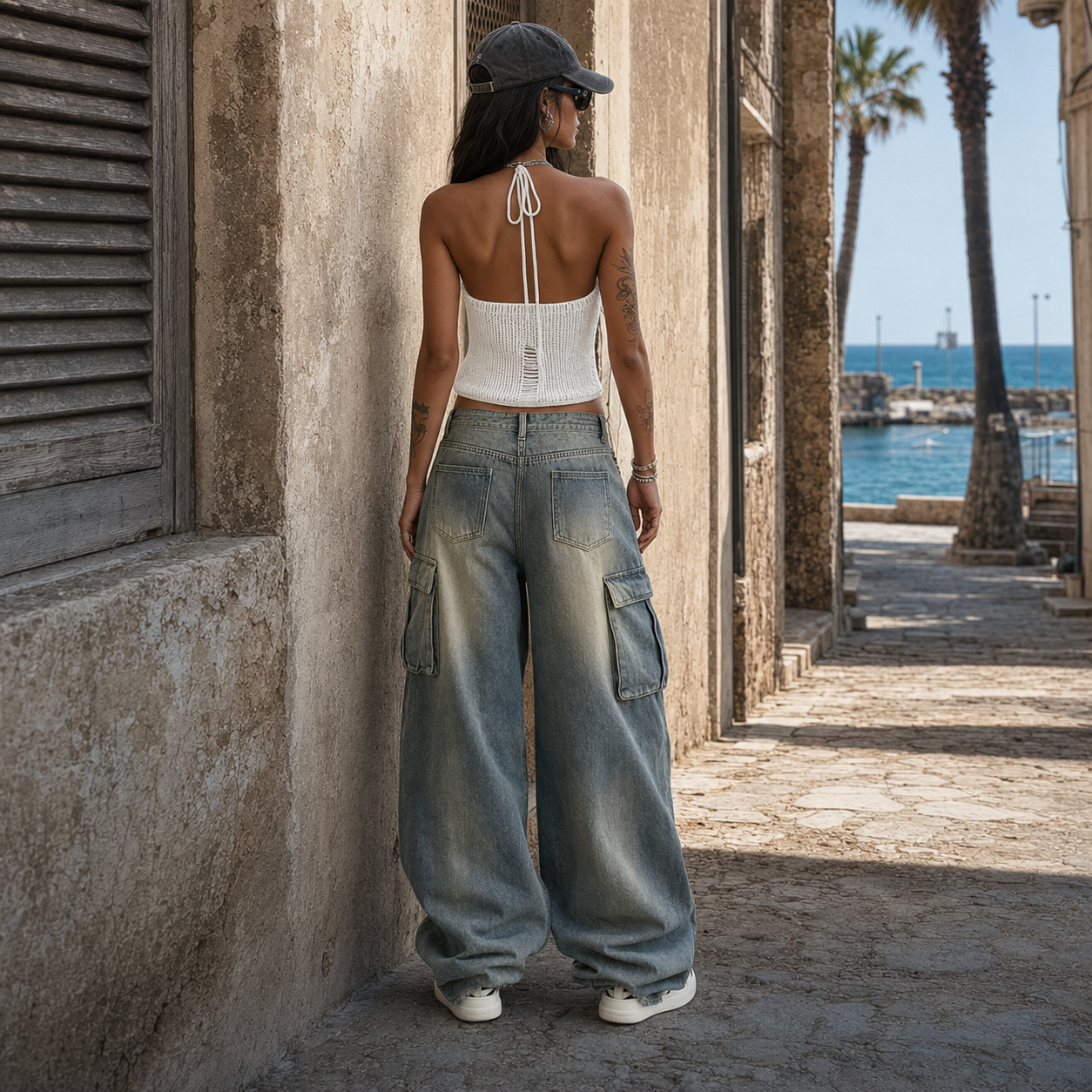 Back view of a tattooed model wearing a white knit halter top with oversized cargo jeans in Sitia, Crete, for VVC Shop.
