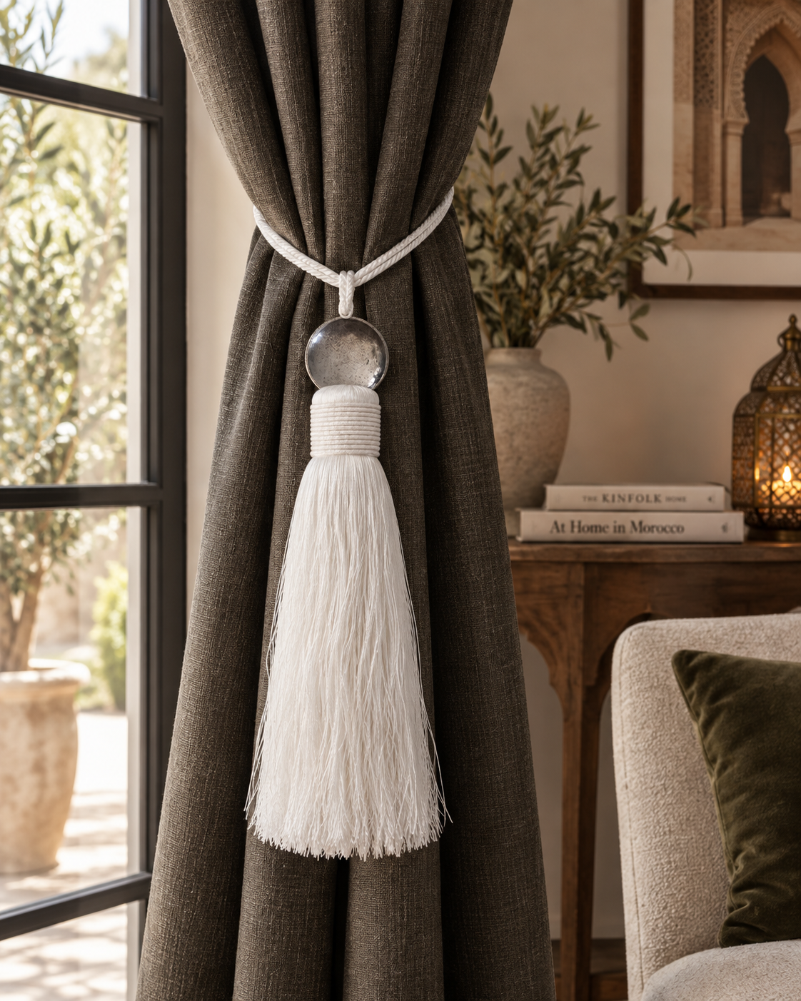 White Moroccan-style curtain tassel tieback with round aluminium disc, fine satin fringes and twisted tie cords.