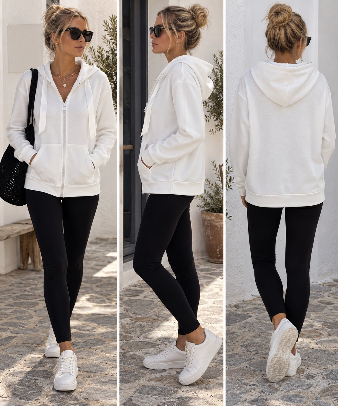 Front, side and back views of the white zip-up hoodie styled with black leggings and white sneakers