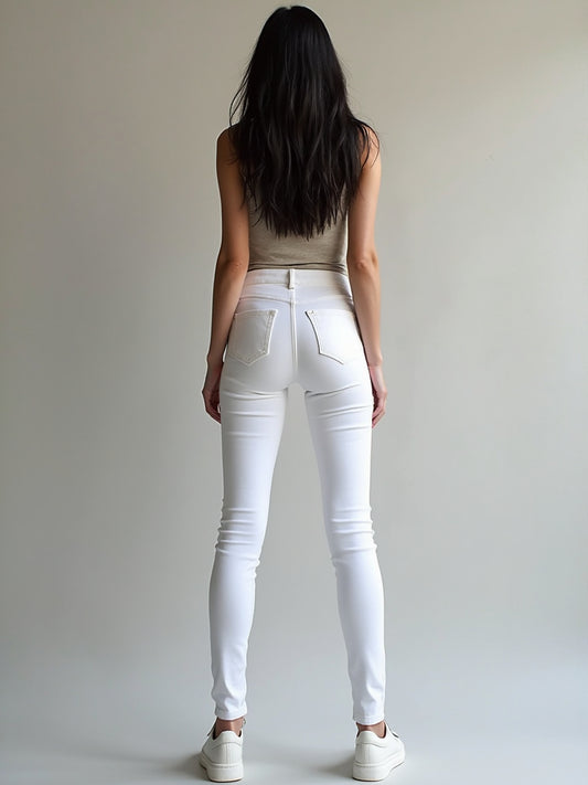 Back view showing pocket design and sleek fit of White Miss Sister stretch jeans