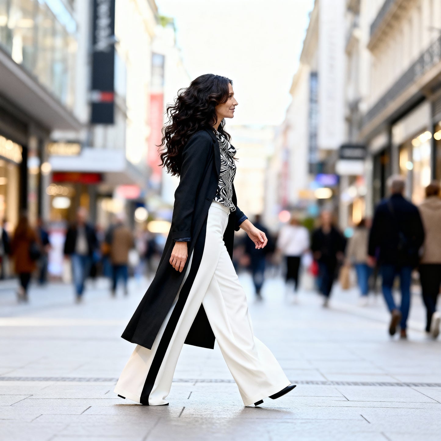 Kasha high-waisted Marlene trousers in white with black side stripe, extra long wide-leg street style outfit at VVC SHOP Sitia Crete