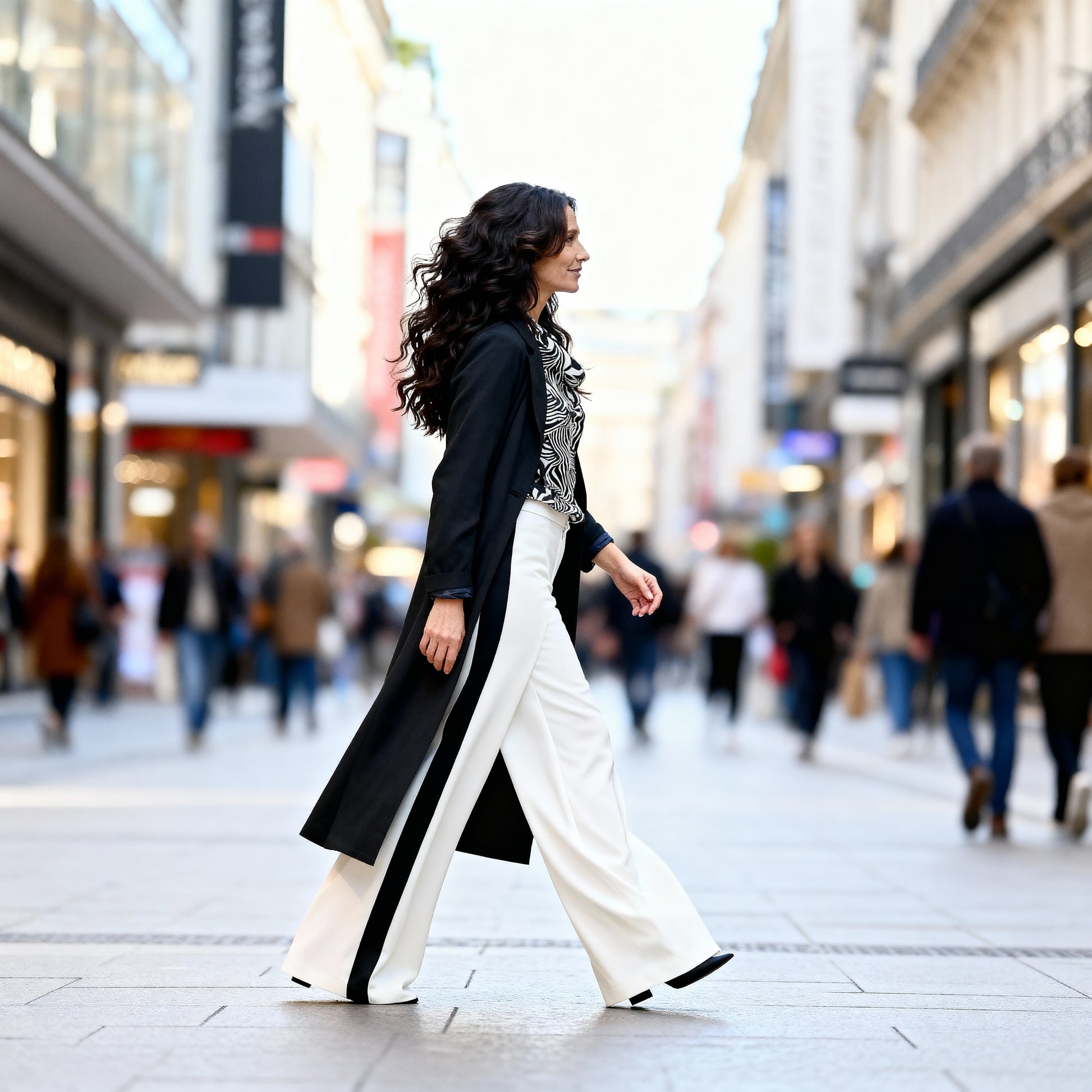 Kasha high-waisted Marlene trousers in white with black side stripe, extra long wide-leg street style outfit at VVC SHOP Sitia Crete