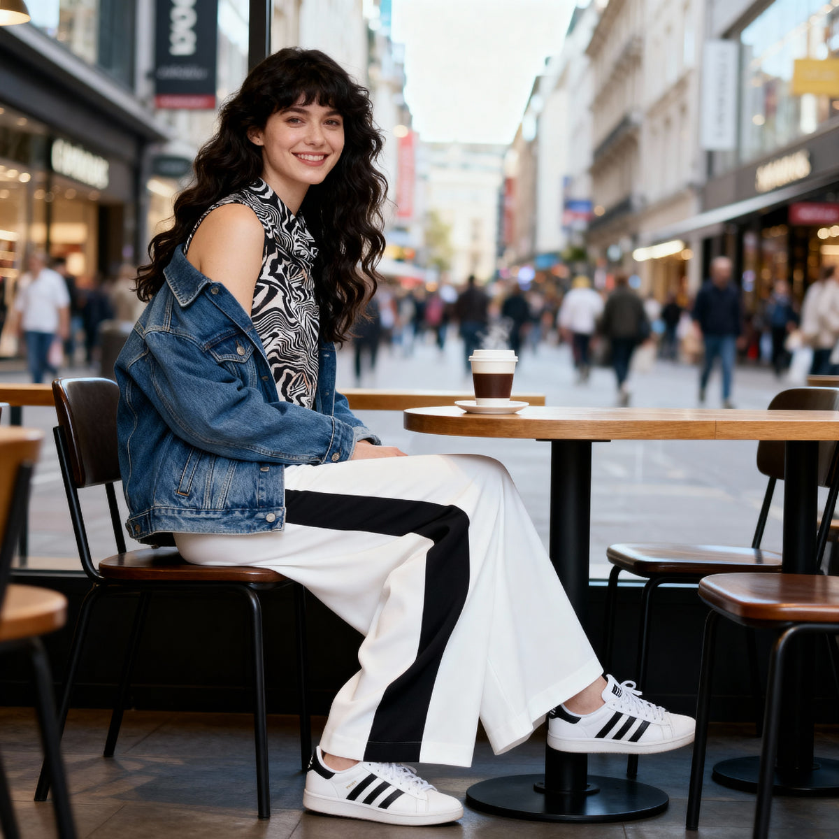 Women’s WM.NELS short sleeve top with waterfall neckline, multi coloured zebra animal print and neck closure, styled in a chic café street look, available at VVC SHOP Sitia Crete