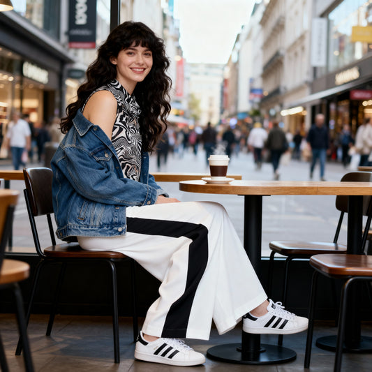 Women’s WM.NELS short sleeve top with waterfall neckline, multi coloured zebra animal print and neck closure, styled in a chic café street look, available at VVC SHOP Sitia Crete