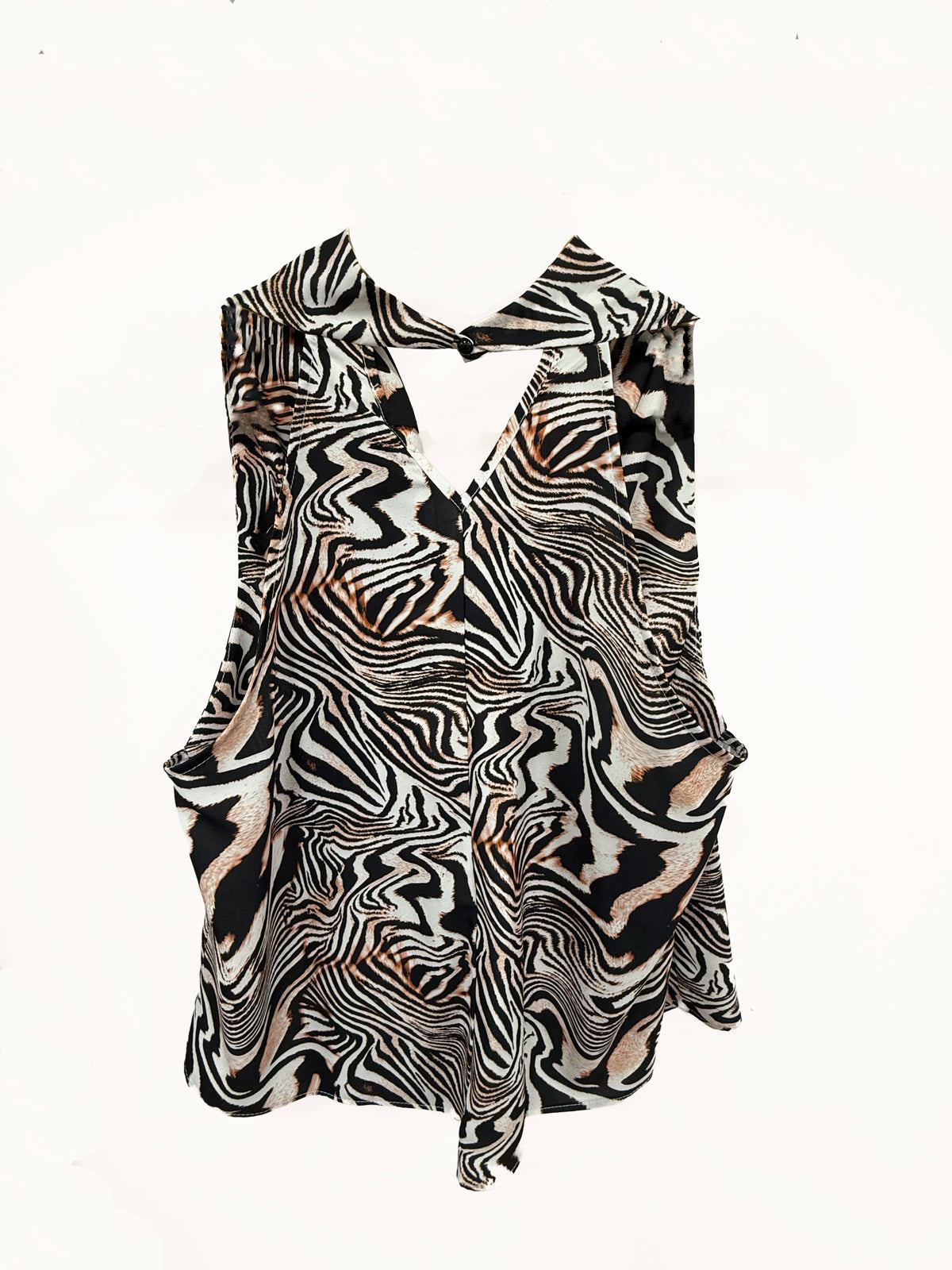 Back view of WM.NELS women’s short sleeve top with multi coloured zebra animal print, waterfall neckline and decorative neck closure