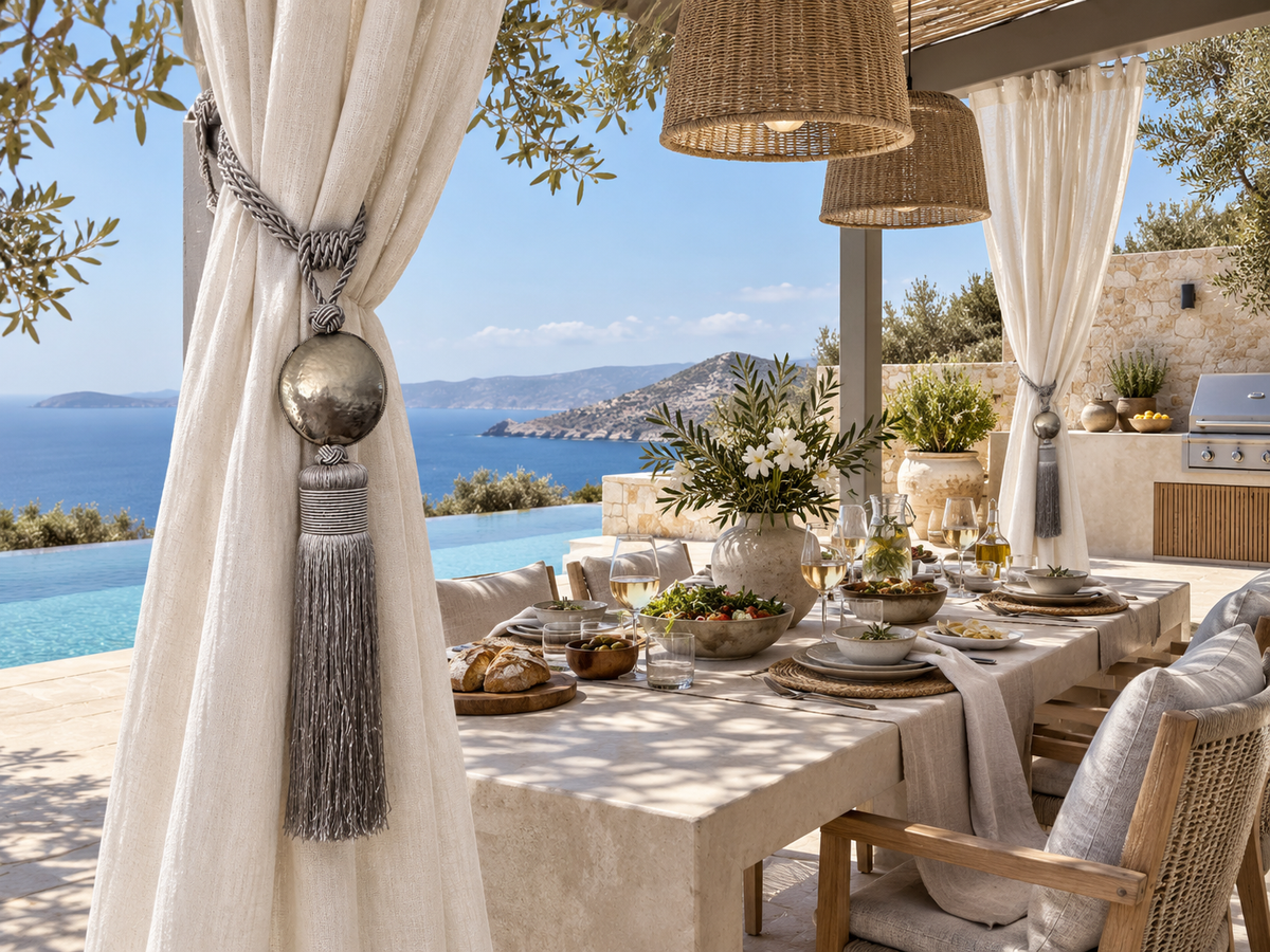 XXL grey Moroccan-style curtain tassel tieback with aged aluminium disc on a white pergola curtain overlooking the sea in Crete.