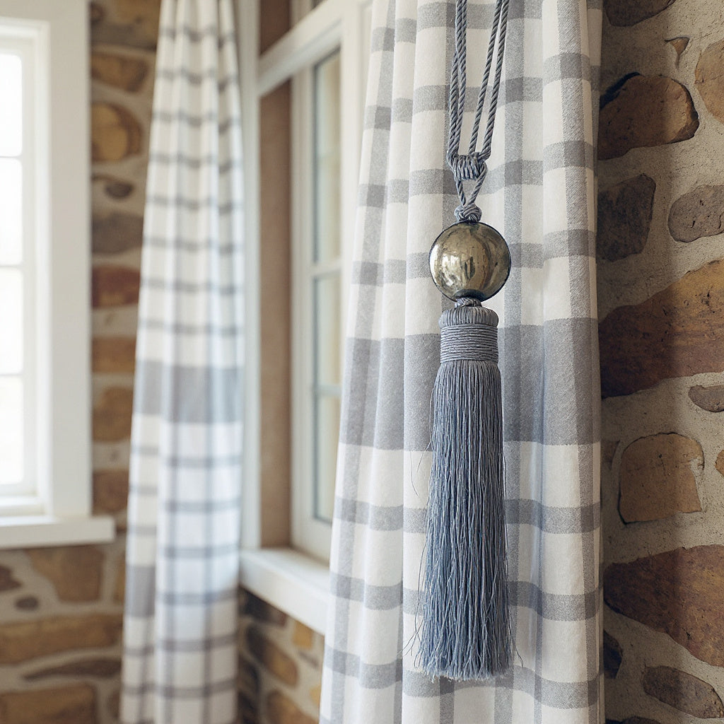 XXL grey Moroccan-style curtain tassel tieback with aged aluminium disc and long satin fringes styled on a checked curtain in a rustic stone interior.