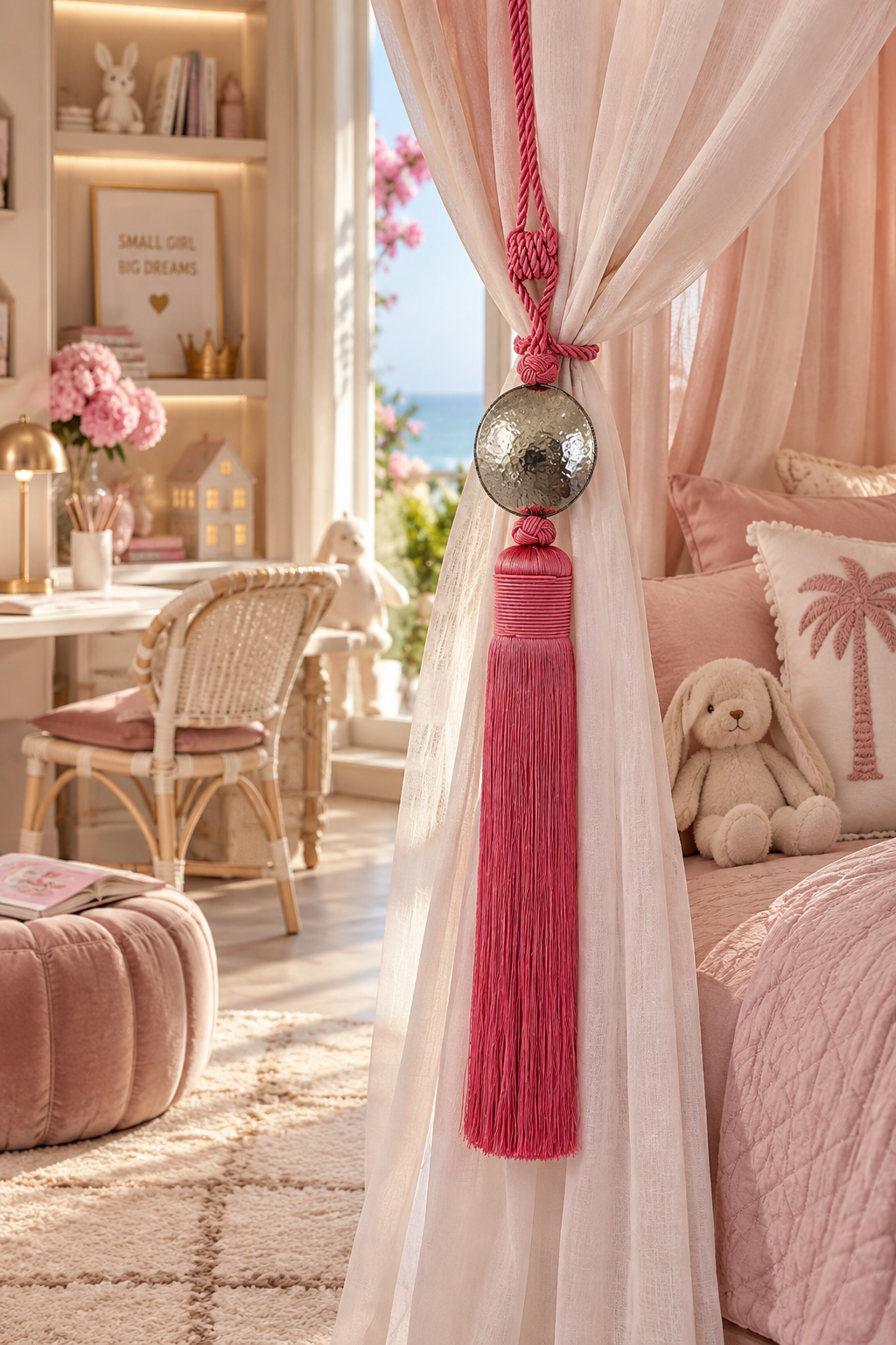 XXL pink Moroccan-style curtain tassel tieback with aged aluminium disc and long satin fringes styled in an elegant girls bedroom.