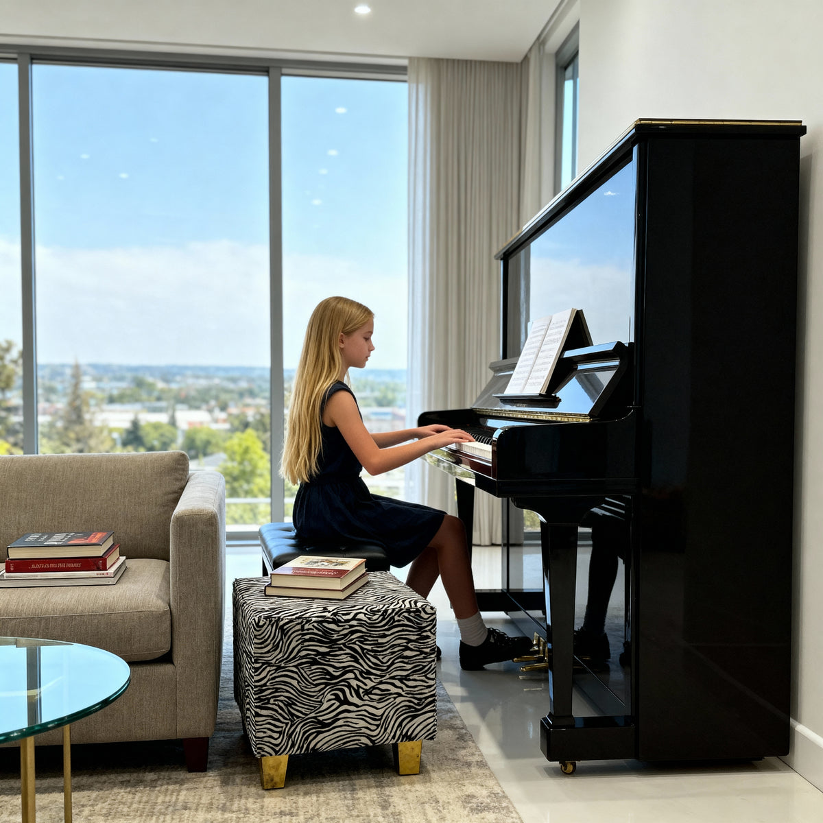 Cowhide zebra stool positioned in a living room interior with piano and soft lighting