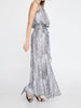 Side view of extra long grey and white zebra maxi dress with waist belt, designed as a comfortable event dress for weddings, baptisms and receptions in Crete