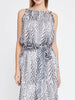 Front view of grey and white zebra maxi dress with spaghetti straps, waist belt and double lining for elegant events, weddings and baptisms in Sitia, Crete