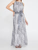 Full front view of zebra print maxi dress with waist-accentuating belt, double lining and elegant straight cut, ideal as a wedding guest dress or baptism dress from viktoria-vigh.com
