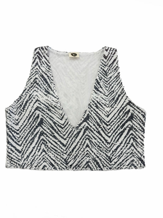 Detail shot of zebra matte sequins on gray and white crop top with deep V-neck, chic statement piece sold in Sitia