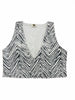 Detail shot of zebra matte sequins on gray and white crop top with deep V-neck, chic statement piece sold in Sitia