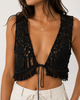 Front detailed view of the Zoe black macramé cropped vest with intricate handmade cotton knotwork, wide straps and adjustable front tie, designed in XS/S for festival, belly dance, beach and pool party styling.