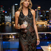 Close-up front view of the ZOE brown mesh cover-up showing the hand-stitched floral sequins on sheer tulle.