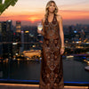 Full-length front view of the ZOE brown maxi mesh cover-up with hand-stitched floral sequins and a sheer sleeveless design.