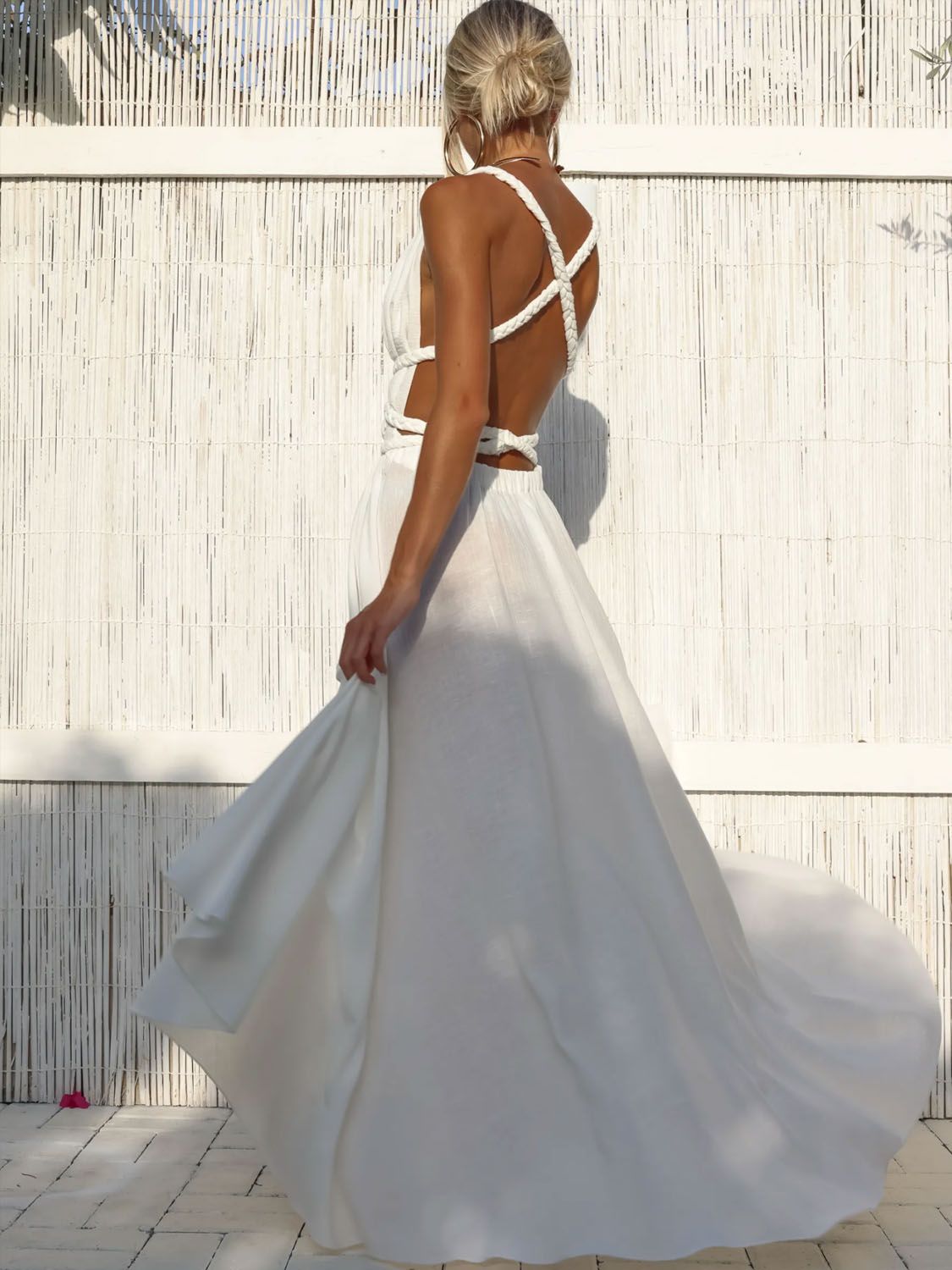 Side view of the Hestia Maxi Dress highlighting the flowing A-line movement, breathable cotton crepe and flattering fit for curvy women — available only at the VVC Shop Sitia.